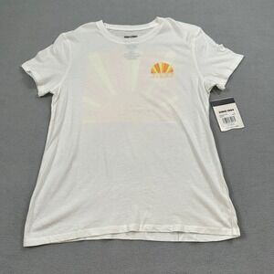 NWT REEF Shirt XS Womens White Graphic Sunset Surf Beach Print Short Sleeve Top